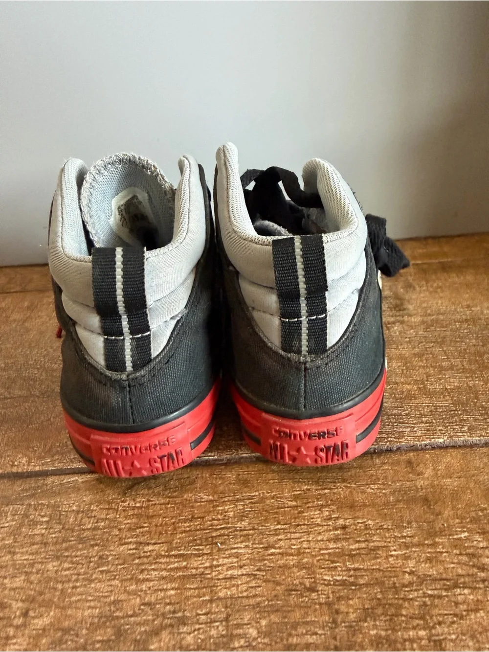 Converse Kids Black High-Top Canvas Sneakers with Gray Collar and Red Lace Tips